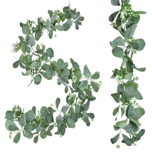2 Pack Artificial Eucalyptus Garlands ??? 6ft Greenery Vines with Faux Eucalyptus Leaves, Butterfly Leaves, and White Flowers for Wedding Arch, Fireplace Mantel, Table, Doorway Decorations