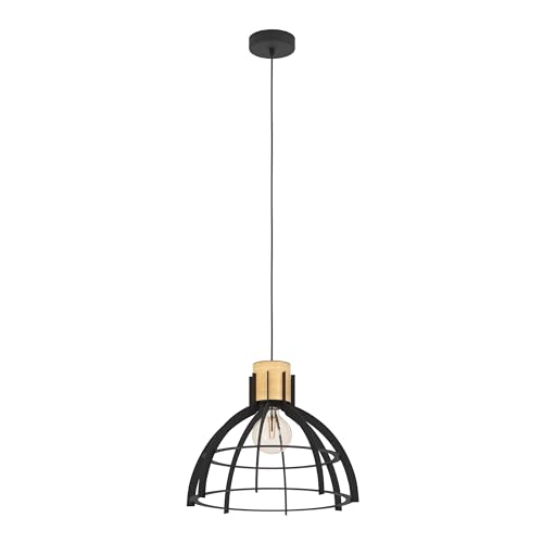 Eglo Pendant Lighting Stillington, Ceiling Light Fitting, Hanging lamp for Dining and Living Room Made of Black Metal Natural-Coloured Wood, E27 Socket