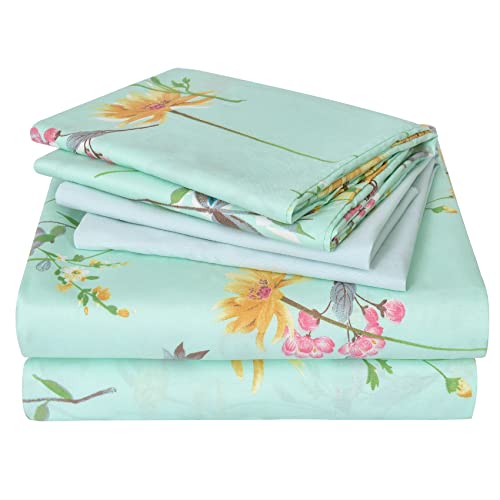 JSD 6 Piece Green Floral Sheet Set Queen Size, Soft Botanical Printed Microfiber Sheets with 4 Pillowcases Deep Pocket