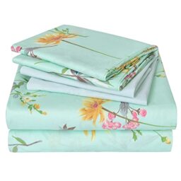 JSD 6 Piece Green Floral Sheet Set Queen Size, Soft Botanical Printed Microfiber Sheets with 4 Pillowcases Deep Pocket