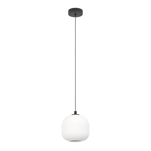 Eglo Pendant Lighting Mantunalle, Ceiling Light Fitting, Hanging lamp for Dining Room Made of Black Metal and White Glass, E27 Socket, 7.9“