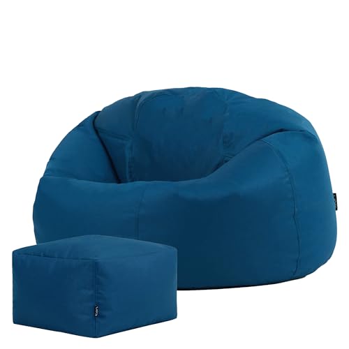 Bean Bag Bazaar Kingston Outdoor Bean Bag and Footstool, Teal, Garden Chair with Footstool, Water Resistant Fabric, Large Gaming Beanbag with Filling Included, Garden Seat, Outdoor Seating