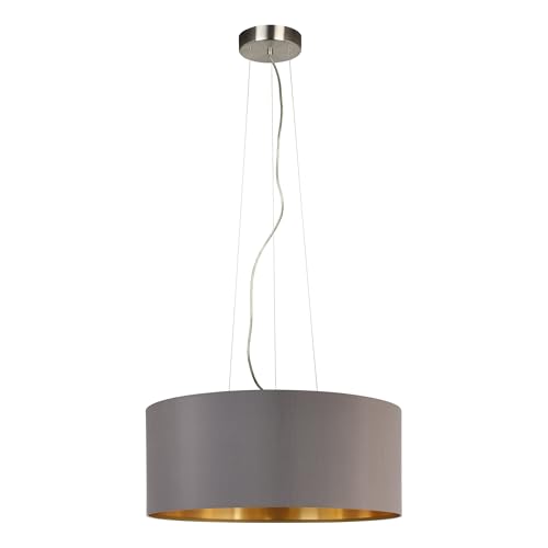"Eglo Maserlo 3-Bulb Fabric Pendant Lamp, Steel and Fabric Hanging Light Coloured in Nickel Matt, Cappuccino and Gold, E27 Socket, Ø: 53 cm (20.8"")"