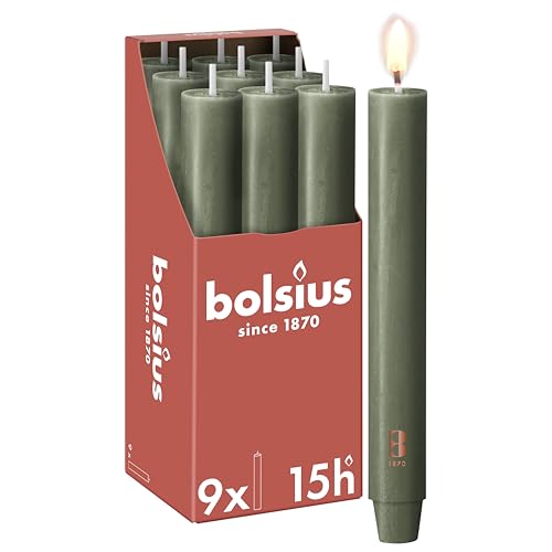 Bolsius - Tapered Candle XL Rustic - 23 x 3 cm - Olive Green - in Box of 9 - Length Burning Time 15 Hours - Unscented - Contains Natural Plant Wax - Without Palm Oil