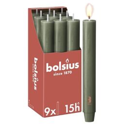 Bolsius - Tapered Candle XL Rustic - 23 x 3 cm - Olive Green - in Box of 9 - Length Burning Time 15 Hours - Unscented - Contains Natural Plant Wax - Without Palm Oil