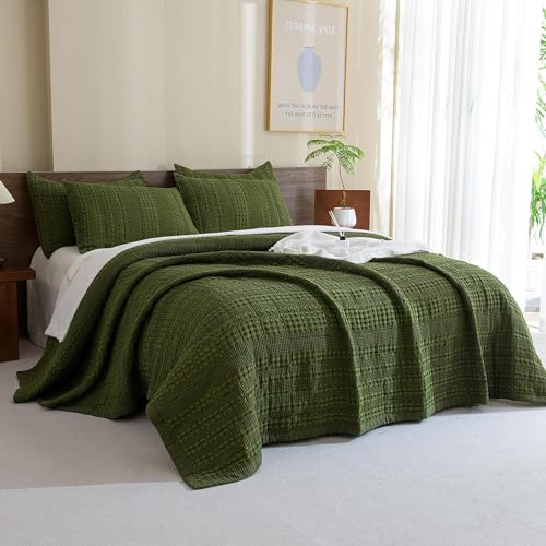 "Sanracie Cotton Oversized King Bedspread Quilt(120""x120""),Olive Green Waffle Quilt Coverlet Set 3Pcs Extra Large King Quilt Bedding Set,Farmhouse Coverlet Quilt Set Shabby Vintage Chic Bedding"