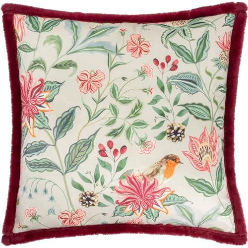 Wylder Beatrice Polyester Filled Cushion – Festive Velvet Floral Robin Pillow with Faux Fur Trim (Multicolour - 50x50cm)