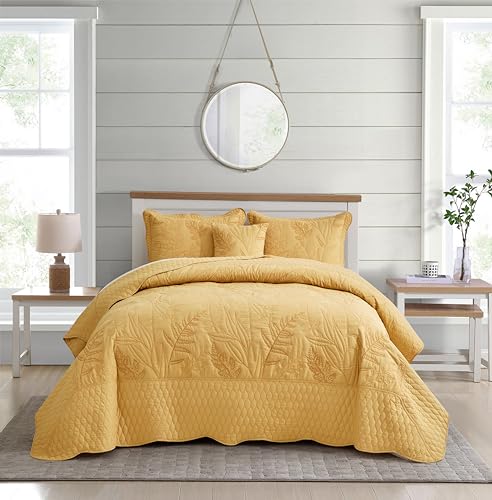 Bedspread oversized Full 96x110???Beautiful Leaf Stitching???5 PC,Honey Gold - Premium quality stitching,Pet-Friendly Stitching,Microfiber Reversible,Versatile styling,Elegant,Durable & Easy Care