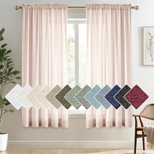 "Melodieux Window Curtain Panels - Pink Semi Sheer Curtains, 45 Inch Length, Casual Linen Look, Rod Pocket, Light Filtering Shiny Sheer Drapes for Bedroom, Kitchen, Farmhouse, 52"" W x 45"" L, 2 Panels"