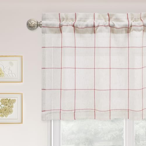 "DriftAway Linen Textured Curtain Valances for Windows Bathroom Bedroom Living Room Kitchen Windows Basement Blinds Rod Pocket Semi Sheer 52""x18"" 1 Panel Plaid Red"
