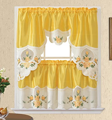 "GOHD Rose Melody 3pcs Kitchen Cafe Curtain Set.Swag and 24"" Tiers,Yellow"