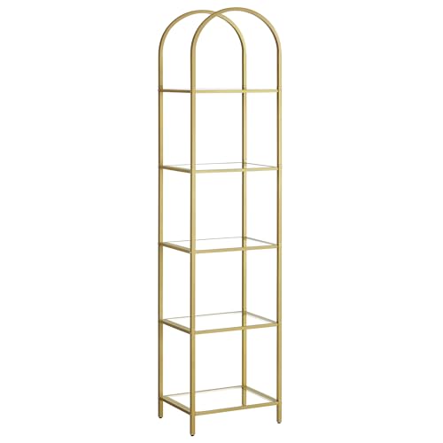VASAGLE 5-Tier Shelf, Tempered Glass Shelving Unit, Arched Design, Steel Structure, for Living Room Bedroom Study Bathroom, Metallic Gold and Transparent LGT501A01