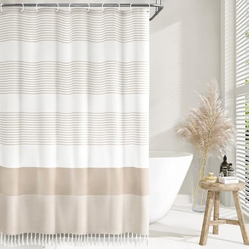 Awellife Boho Beige Shower Curtain for Bathroom Cotton Stripe Tassel Shower Curtain 72 X 72 Inches Natural Texture