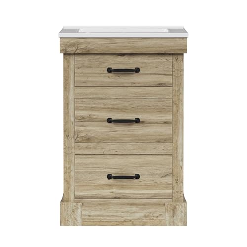 Teamson Home Donovan Single Bathroom Vanity with Integrated Square Sink Basin and Two Drawers, Light Oak H865mm x W610mm