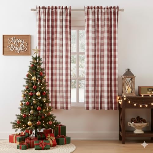 "Bapawfish Red White Buffalo Plaid Semi Sheer Curtains 72 Inches Long - Burgundy Rustic Checkered Drapes for Bedroom Living Room,Gingham Light Filtering Window Treatment,Rod Pocket Top,40""Wx72""Lx2"