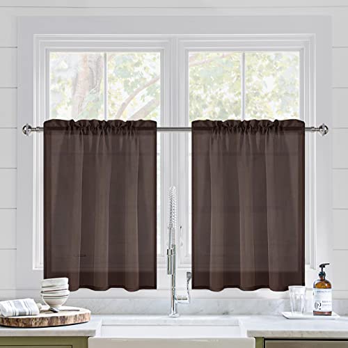 DWCN Brown Sheer Curtains for Kitchen Windows - Rod Pocket Semi Transparent Voile Tier Curtains for Bedroom, Living Room, Farmhouse, 36 x 36 inches Long, Set of 2 Panels