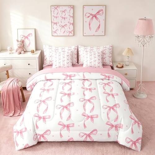 Erosebridal Girls Pink Bow Full Comforter Set with Sheets,Kawaii Bowknot Bedding Set for Kids Room Decor,Cute Pink Bows Bed Set 7 Piece Ribbon Bow Tie Bed in a Bag with Fitted+Flat Sheet,Pillowcases