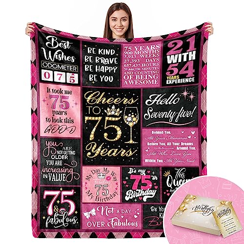 75th Birthday Gifts for Women Gift for 75 Year Old Woman Birthday Unique Happy 75th Birthday Gifts for Her Best Friend Mom Sister Wife Throw Blanket 60x50 Inch(Pink)
