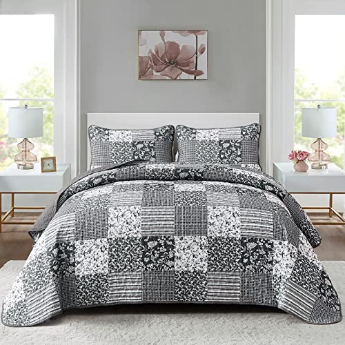 Mybedsoul - King Duvet Cover Set 3 Pieces Floral Check Pattern All Season Reversible Bedding Set King Size Black &