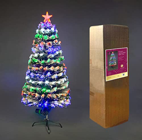 6Ft/180cm Snow-Frosted Fibre Optic Christmas Tree with Star Topper - Multicolor LEDs 8 Changing Light Modes - Pre-Lit Snowy Artificial Xmas Tree