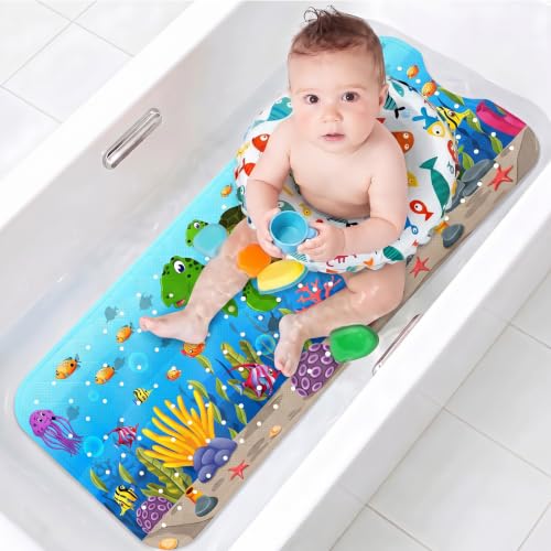 "Upgrade Cartoon Baby Bath Mat Non Slip - 40""x16"" Extra Long Bathtub Mat for Baby Eco Friendly Durable Bath Mat for Tub Non Slip Kids Tub Mat with Suction Cups, Machine Washable and No Fading, Turtle"