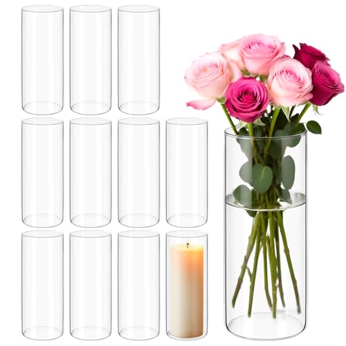 12Pack Glass Cylinder Vases for Centerpieces - 8 Inch Tall Flower Vase for Wedding Decorations, Floating Candle Holder Vase Bulk,Glass Hurricane Candle Holders for Table Shelf, Party, Home Decor
