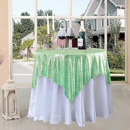 FYLEDAEE Mint Green Sequin Tablecloth 50x50 Inch Square Wedding Baby Shower Birthday Party Dinner Table Cover Sparkly Tablecloth