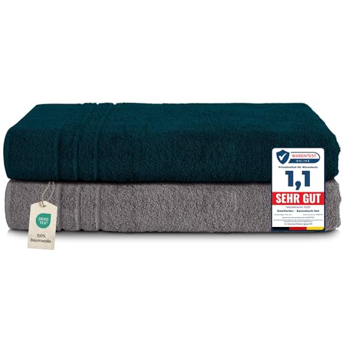 Komfortec Jumbo Bath Towels, 100% Cotton, Quick Dry, 80x200, Grey & Teal