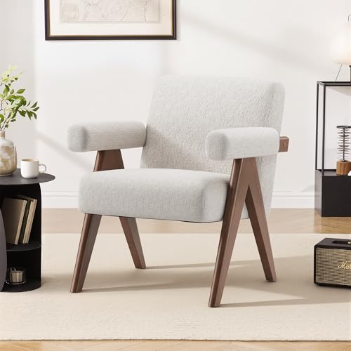 COLAMY Accent Chair Upholstered Armchair, Modern Lounge Chair with Solid Wood Frame, Thick Cushioned Seat, Breathable Fabric, Ergonomic Single Sofa Chair for Living Room, Bedroom, Reading Corner,Beige