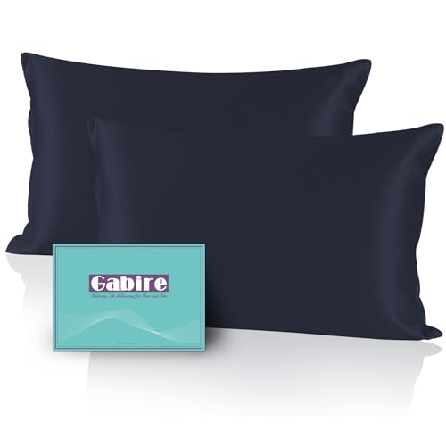 "Gabire Mulberry Silk Pillowcase Set of 2, Real Silk on Both Sides for Hair & Skin, Prevents Acne, Organic, 2 Pack with Hidden Zipper, Navy Blue, Standard (20""26"")"