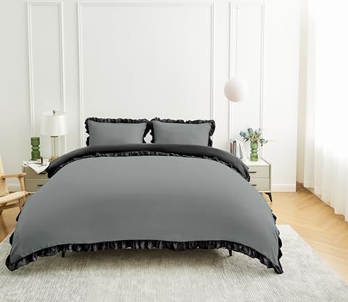 GC GAVENO CAVAILIA Ruffles Duvet Cover Sets - 2Piece Polycotton Frill Bedding Single Duvet Cover Set With Pillow Case - Hypoallergenic Reversible Plain Quilt Cover Set 135x200 Cm, Charcoal/Black