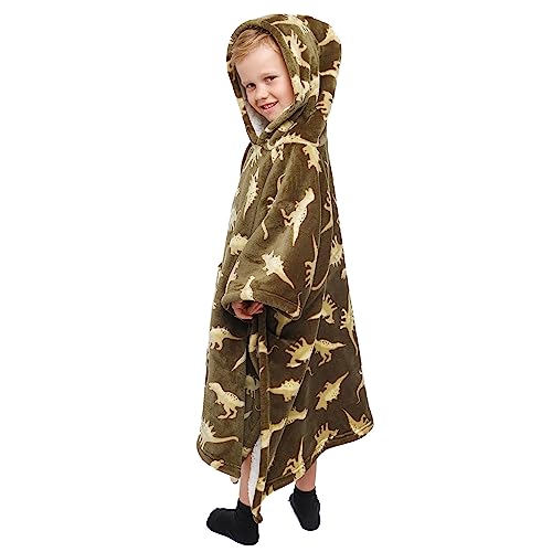 Bedlam - Dinosaur Oodies for Kids (75 x 92.5cm) - Soft & Cosy Fleece Blanket Hoodie with Dinosaurs - Dinosaur Bedroom Accessories - Dinosaur Poncho in Green - Dinosaur Fleece Hoodie for Kids