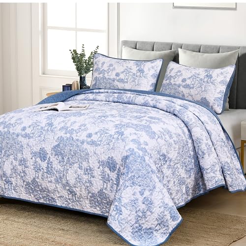 "WONGS BEDDING Blue Quilt Set King Size, 3 Pieces Botanical Bedspreads Set Lightweight Microfiber Blue Plants Pattern Coverlet Home Decor for All Seasons(104""×90"")"
