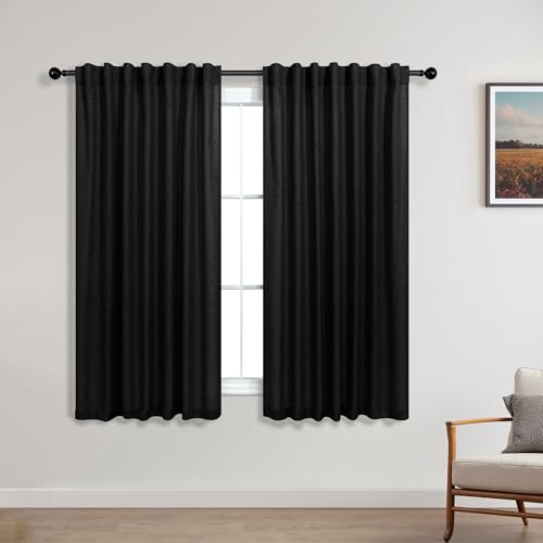 KOUFALL Black Back Tab Rod Pocket Linen Sheer Curtains for Living Room 52 by 54 Inch Length