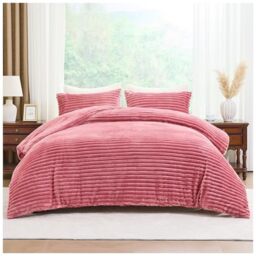 GC GAVENO CAVAILIA Ribbed Fleece Bedding Sets King Size 220x230 Cm - Super Soft Polyester King Size Duvet Cover Sets With Pillow Cases - Thermal Warm Cozy Fluffy Winter Quilt Cover Bed Set, Blush Pink