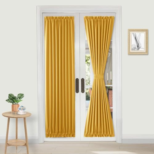DWCN French Door Curtain - Rod Pocket Thermal Blackout Panel for Doors With Glass Window, Kitchen and Patio - Privacy, 36 X 72 Inches Long, 1 Panel With Tieback, Yellow