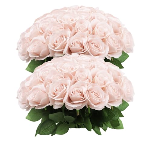 JUSMAI 50pcs Roses Artificial Flowers Pink Fake Roses Flowers with Long Stems Silk Flowers for Wedding Bouquet Centerpices Decorations Party Bridal Baby Shower Home Decor