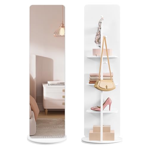 SONGMICS Full Length Mirror, 45 x 45 x 163 cm, Shatterproof Tempered Glass - 360?? Rotating,Freestanding Floor Mirror with Storage, 4 Shelves and 4 Hooks, Cloud White, BERIT Collection LFM036W01