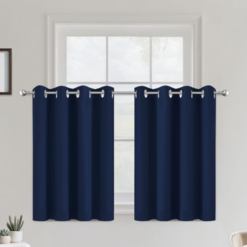 COSVIYA Grommet Blackout Room Darkening Navy Blue Curtains 36 inch Length 2 Panels,Thick Polyester Light Blocking Insulated Thermal Window Curtain Drapes for Bedroom/Living Room,52x36 inches