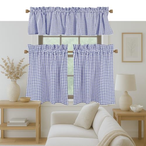 "Native Fab Gingham Check 3 Pieces Window Curtain Tiers 26""x36"" and Valance 54""x18"" Set - Rod Pocket - Semi Sheer - Farmhouse Curtain for Kitchen, Cafe, Bathroom, Living Room - Blue and White"