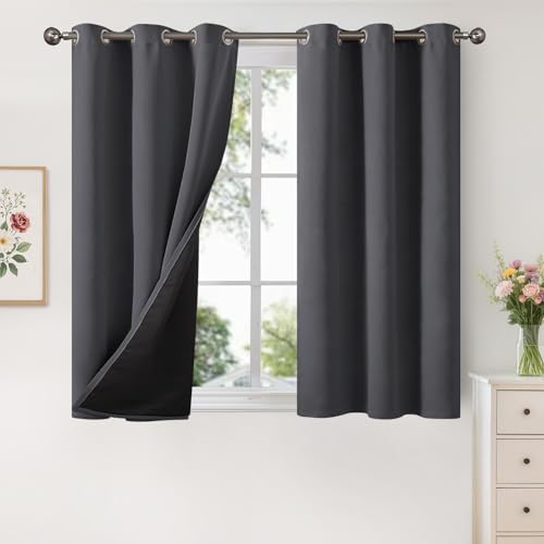 YoungsTex Dark Grey 100% Blackout Curtains 48 Inch Length, Short Thermal Insulated Window Drapes with Grommet Full Room Darkening Privacy with Liner for Living Room Bedroom, 2 Panels, 42 X 48 Inch