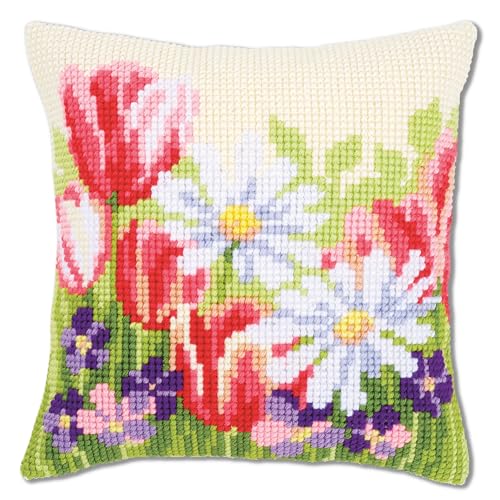 Vervaco Cross Stitch Cushion Kit Spring Flower Bulb Varieties ??? Outlined Cross Stitch Kit Cushion Vorbeze Nice, Cotton, multicoloured, 40 x 40 x 0.3 cm