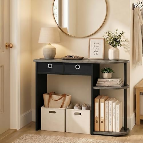 Furinno JAYA 32-Inch Grey Entryway Table with 2 Fabric Drawers, Console Table with Open Shelves, Behind Sofa Couch Tables, for Living Room, Entryway, Hallway, French Oak
