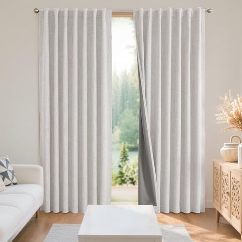 Joydeco 100% Black Out Curtains 63 inch Long 2 Panels Burg Natural Blackout Linen Drapes for Bedroom Living Room Darkening Curtain Thermal Insulated Back tab Rod Pocket(37x63 inch,Greyish White)