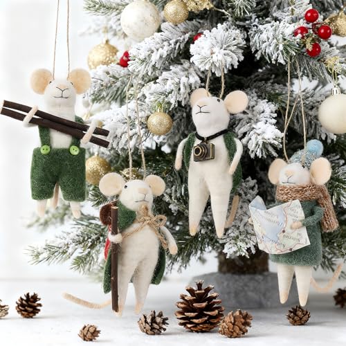 "Set of 4 Christmas Felt Mice Ornaments, 5"" Mini Hanging Wool Tourist Mouse Figurines, Tiered Tray Tabletop Decor, Animal Crafts Cute Xmas Tree Festival Holiday Easter Gifts Home Office Party Supply"