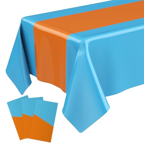 Oudain 3 Pcs Blue & Orange Party Tablecloth 54 x 108 Inch Party Decoration Plastic Rectangle Table Cloth Waterproof Table Cover for Girl Birthday Wedding Bachelorette Anniversary Supplies