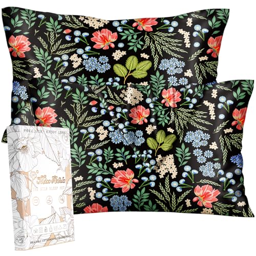 Miss Adola 2 Pack Silk Pillowcases - Standard Size 20 x 26 Inch Silky Pillow Cases for Hair and Skin Soft Smooth Cooling Aesthetic Bed Sleeping Pillow Covers with Zipper for Women, Black Leaf Flowers