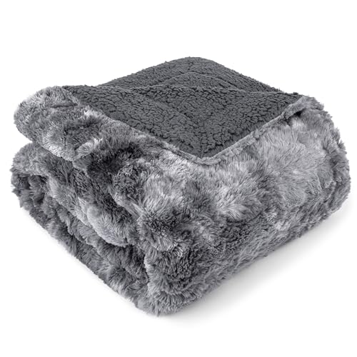 PAVILIA Faux Fur Throw Blanket Twin Tie-Dye Grey, Soft Warm Sherpa Blankets & Throws for Bed, Fluffy Plush Thick Fleece Throw Blanket for Couch Sofa, Reversible Furry Shaggy Blanket, Grey 60x80