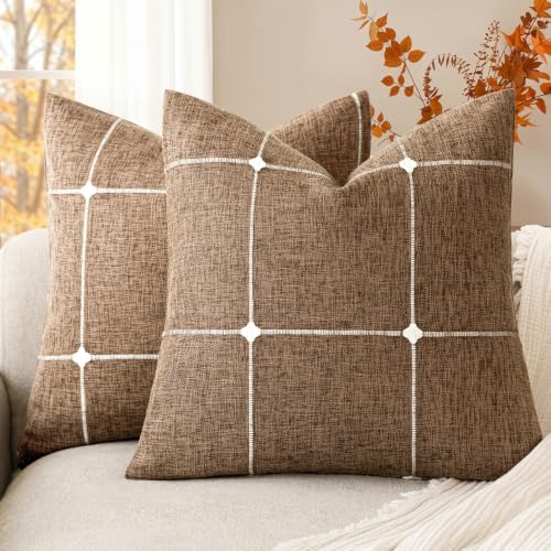 Foindtower Pack of 2 Decorative Faux Linen Jacquard Check Throw Pillow Covers Farmhouse Cushion Cover with Grid Textured Accent Pillowcase for Couch Sofa Living Room Home Decor,18??18 Inch,Orange Brown