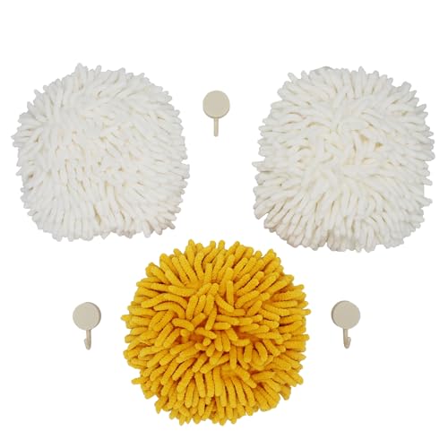 JJ KENT Fluffy Puffins Microfiber Puff Hand Towels & Hooks, 3 Pack, Yellow - Ball hand towel, hand drying puff, use in bathrooms and kitchens, dry hands, dishes and countertops, soft texture, reusable